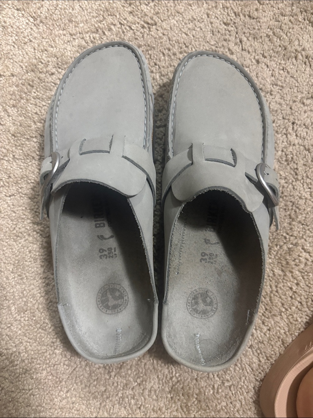 Birkenstock Light Gray Suede Slip-On Clogs with Buckle